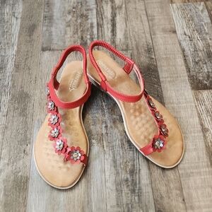 Patrizia Womens Red With Silver Flower Sandals Size 9 Summer Beach Vacation